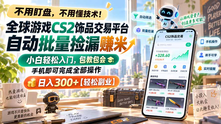 （20454期）全球游戏CS2饰品交易平台自动批量捡漏赚米，小白轻松入门，包教包会，手机即可完成全部操作，日入300+【轻松副业】 - 臻优资源网