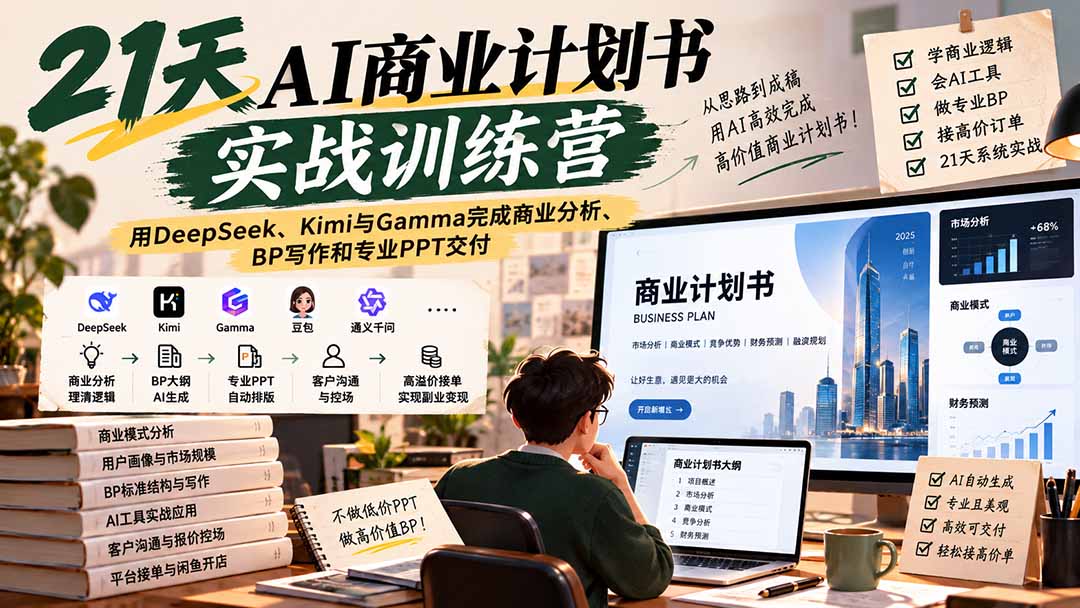 （20637期）【无水印】21天AI商业计划书实战训练营：用DeepSeek、Kimi与Gamma完成商业分析、BP写作和专业PPT交付 - 臻优资源网