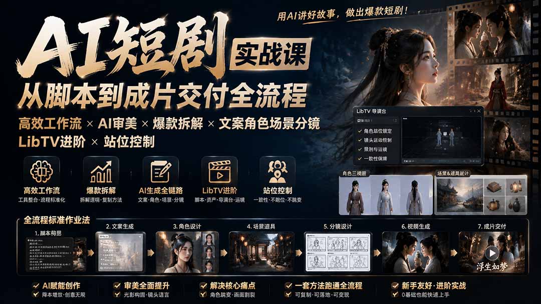 （19717期）AI短剧实战课：高效工作流×AI审美×爆款拆解×文案角色场景分镜×LibTV进阶×站位控制×从脚本到成片交付全流程 - 臻优资源网