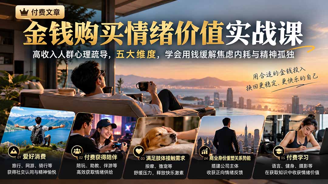（20941期）付费文章：金钱购买情绪价值实战课｜高收入人群心理疏导，五大维度，学会用钱缓解焦虑内耗与精神孤独 - 臻优资源网