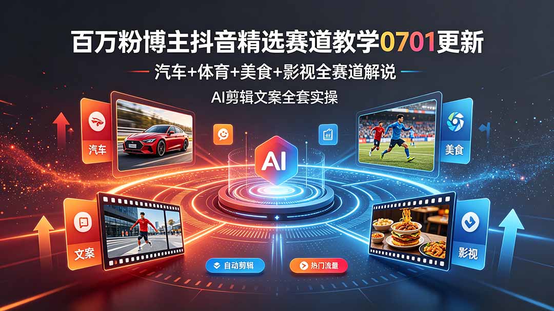 （19144期）百万粉博主抖音精选赛道教学-0701更新，汽车+体育+美食+影视全赛道解说，AI剪辑文案全套实操 - 臻优资源网