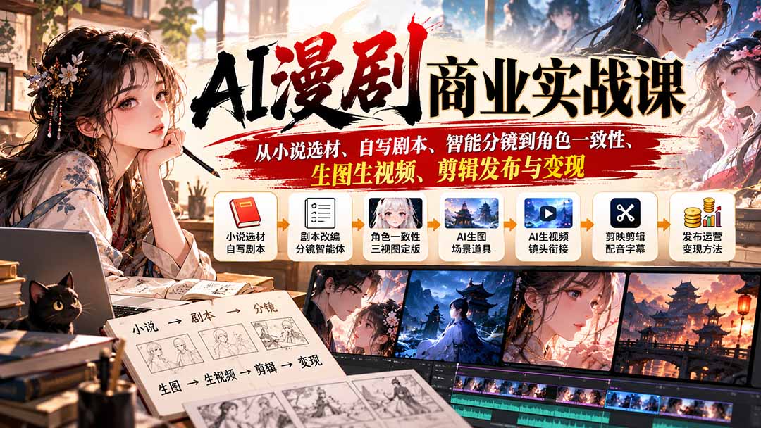 （20811期）AI漫剧商业实战课：从小说选材、自写剧本、智能分镜到角色一致性、生图生视频、剪辑发布与变现 - 臻优资源网
