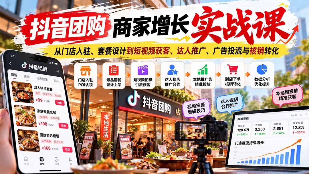 （20813期）抖音团购商家增长实战课：从门店入驻、套餐设计到短视频获客、达人推广、广告投流与核销转化 - 臻优资源网