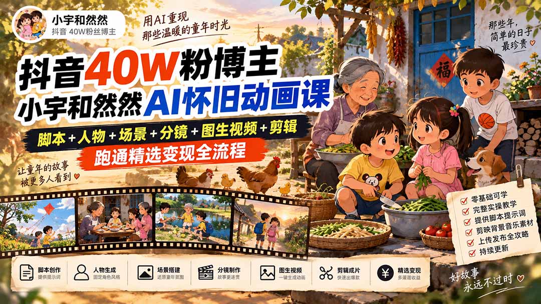 （20549期）抖音40W粉博主小宇和然然AI怀旧动画课｜脚本+人物+场景+分镜+图生视频+剪辑，跑通精选变现全流程 - 臻优资源网
