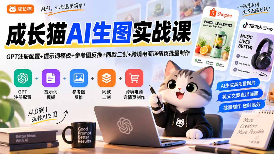 （20482期）成长猫AI生图实战课｜GPT注册配置+提示词模板+参考图反推+同款二创+跨境电商详情页批量制作 - 臻优资源网