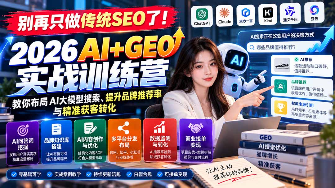 （21191期）别再只做传统SEO了！《2026AI+GEO实战训练营》教你布局AI大模型搜索、提升品牌推荐率与精准获客转化 - 臻优资源网