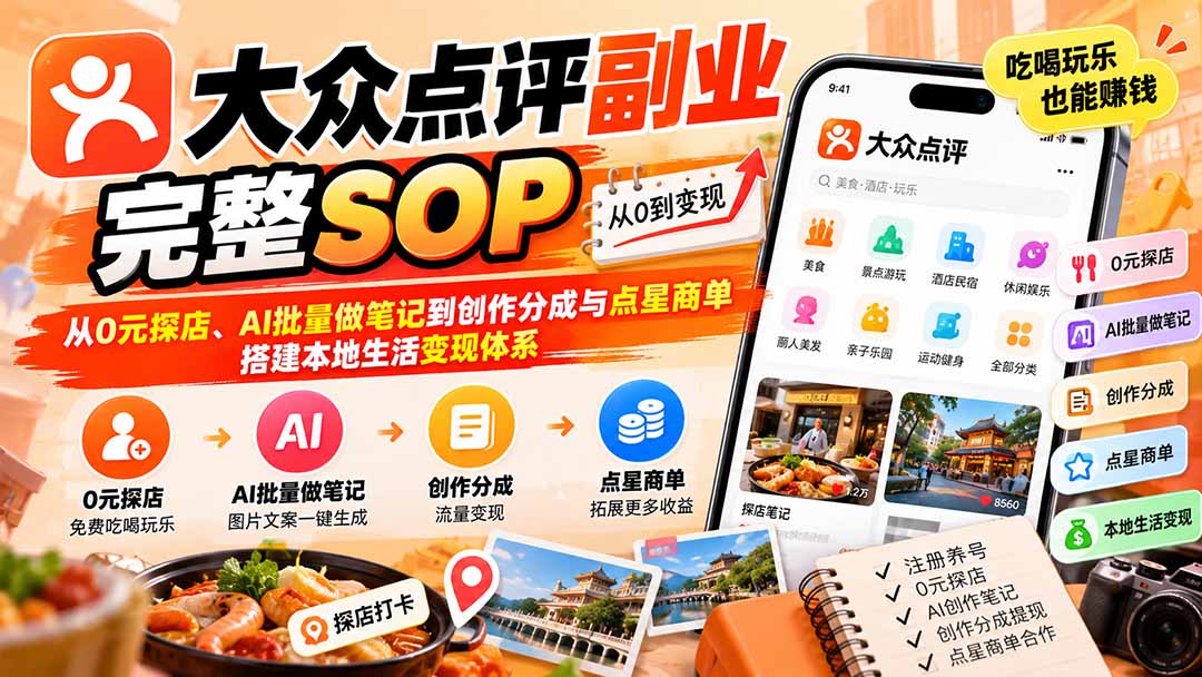 （20638期）【无水印】大众点评副业完整SOP：从0元探店、AI批量做笔记到创作分成与点星商单，搭建本地生活变现体系 - 臻优资源网