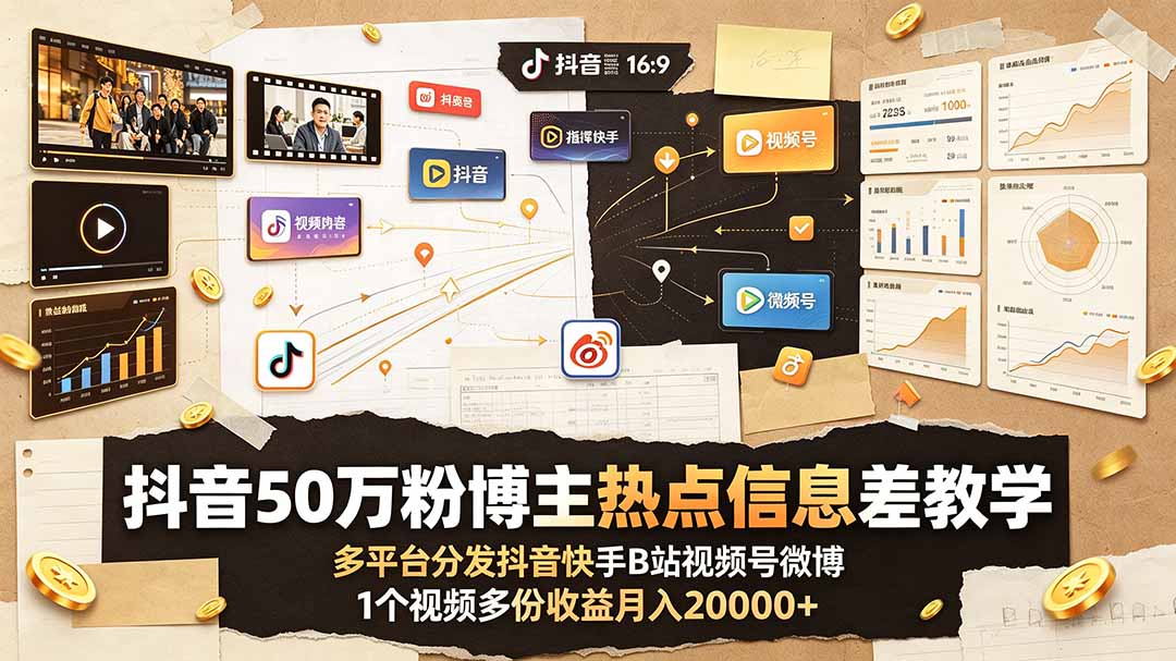 (19145期)抖音50万粉博主热点信息差教学:多平台分发抖音快手B站视频号微博,1个视频多份收益月入20000+ - 臻优资源网