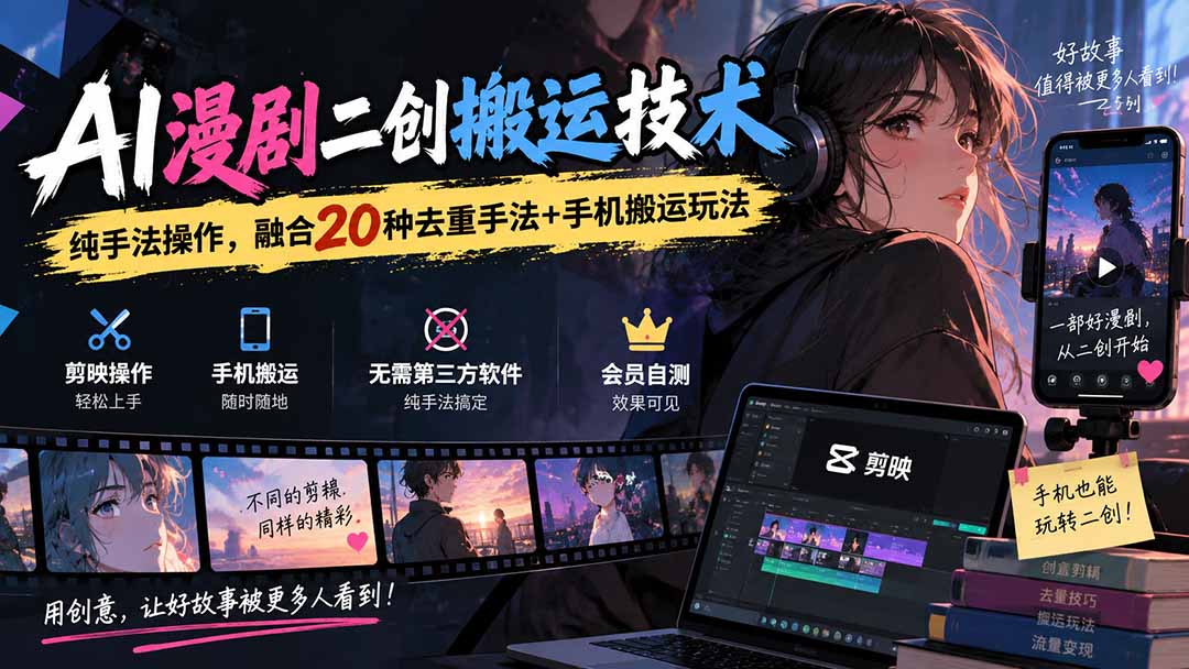 （20551期）AI漫剧二创搬运技术，纯手法操作，融合20种去重手法++手机搬运玩法 - 臻优资源网