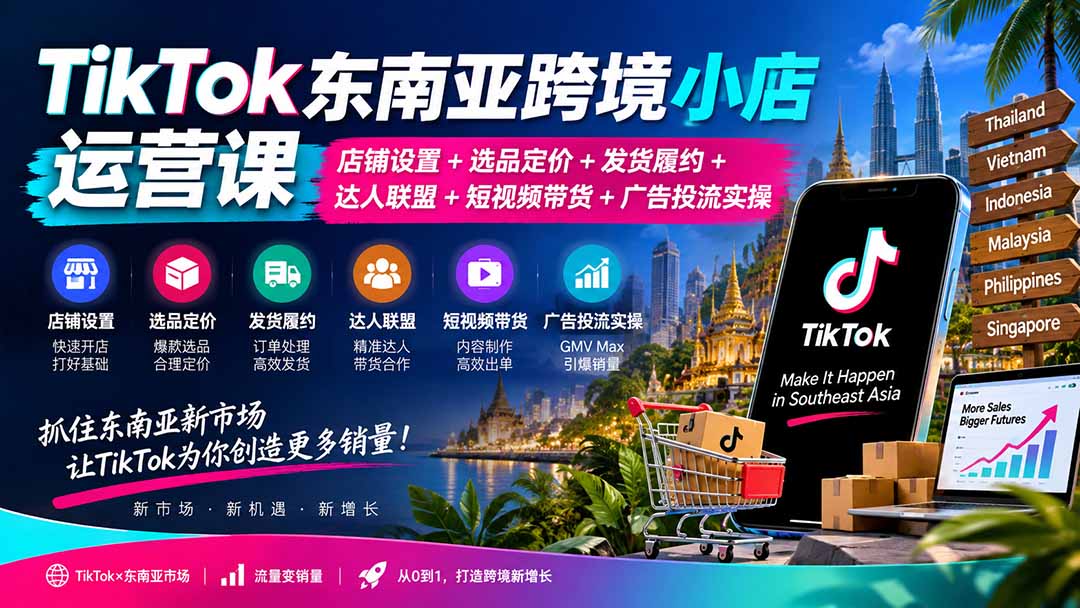 （20483期）TikTok东南亚跨境小店运营课：店铺设置+选品定价+发货履约+达人联盟+短视频带货+广告投流实操 - 臻优资源网