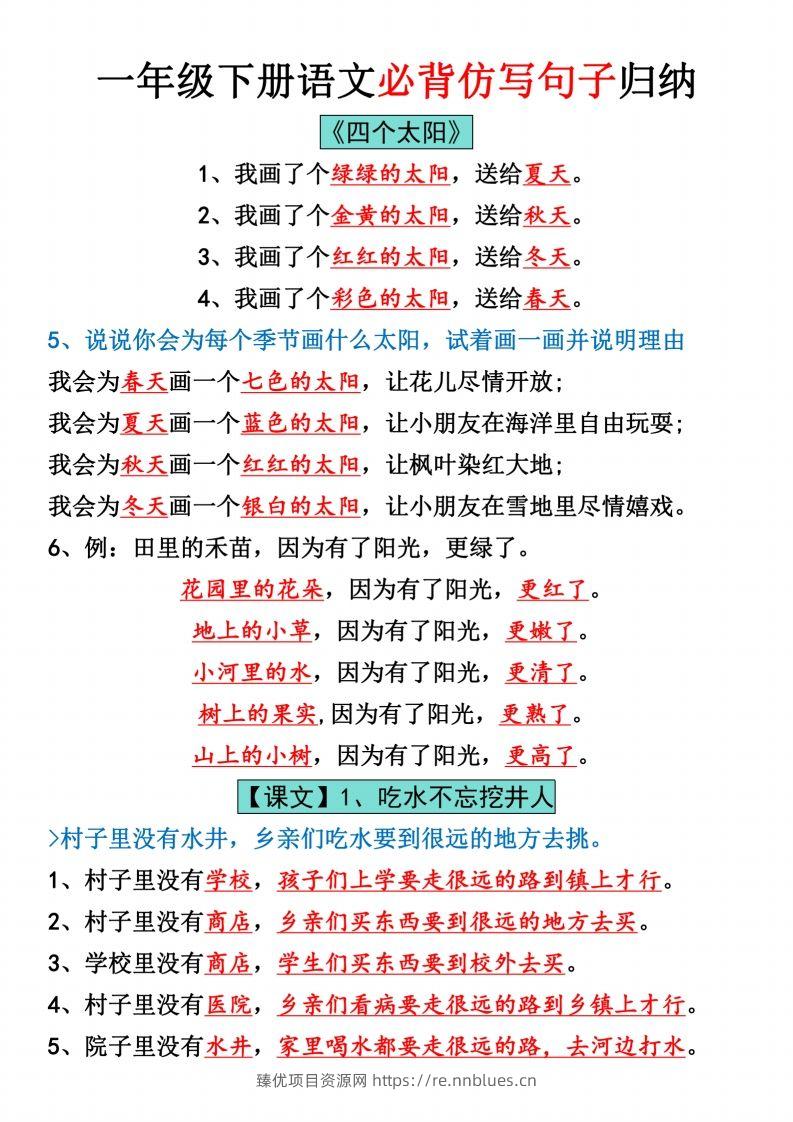 一年级下册语文全册仿写句子汇总_纯图版 - 臻优资源网