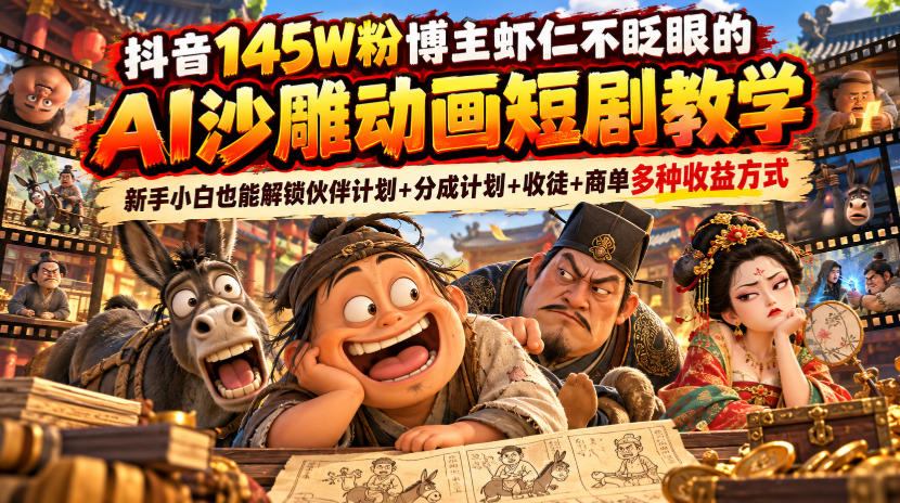 抖音145W粉博主虾仁不眨眼的AI沙雕动画短剧教学，新手小白也能解锁伙伴计划+分成计划+收徒+商单多种收益方式 - 臻优资源网