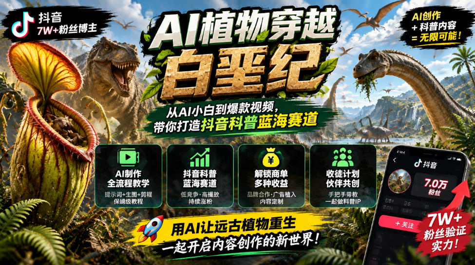 抖音7W粉丝博主的AI植物穿越白垩纪教学，抖音科普蓝海赛道，解锁商单收徒伙伴计划等多种收益 - 臻优资源网