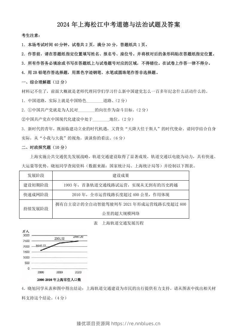 2024年上海松江中考道德与法治试题及答案(Word版) - 臻优资源网