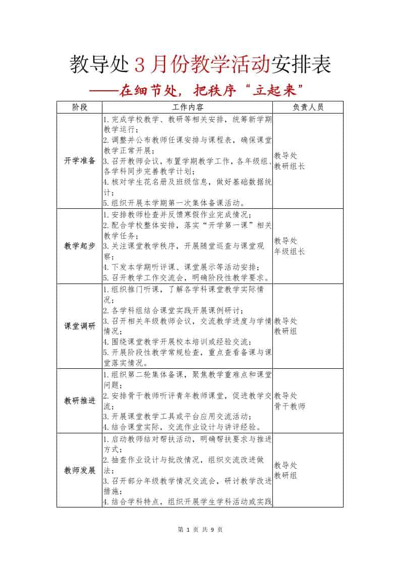 2026年春季学期教导处每月安排表2026.3月-7月 - 臻优资源网
