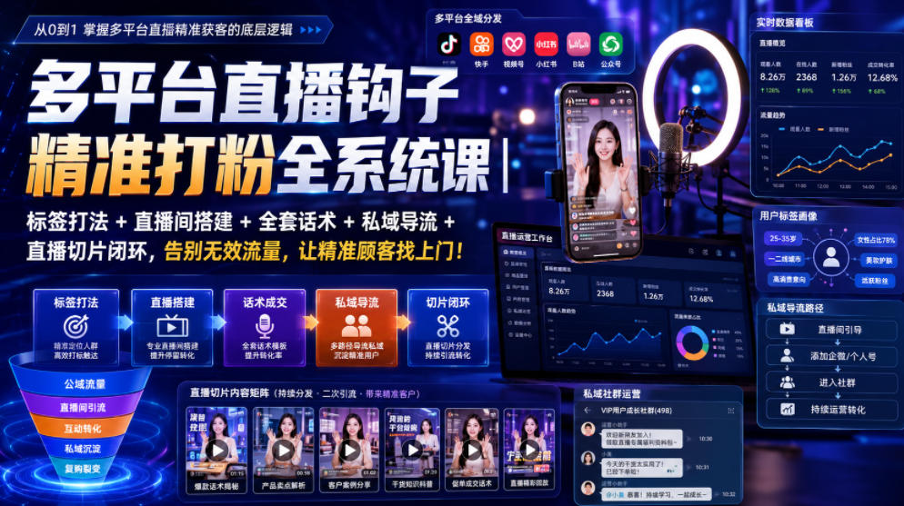 多平台直播钩子精准打粉全系统课｜标签打法+直播间搭建+全套话术+私域导流+直播切片闭环，告别无效流量，让精准顾客找上门！ - 臻优资源网