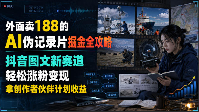 外面卖188的AI伪记录片掘金全攻略，抖音图文新赛道，轻松涨粉变现，拿创作者伙伴计划收益【文档】 - 臻优资源网