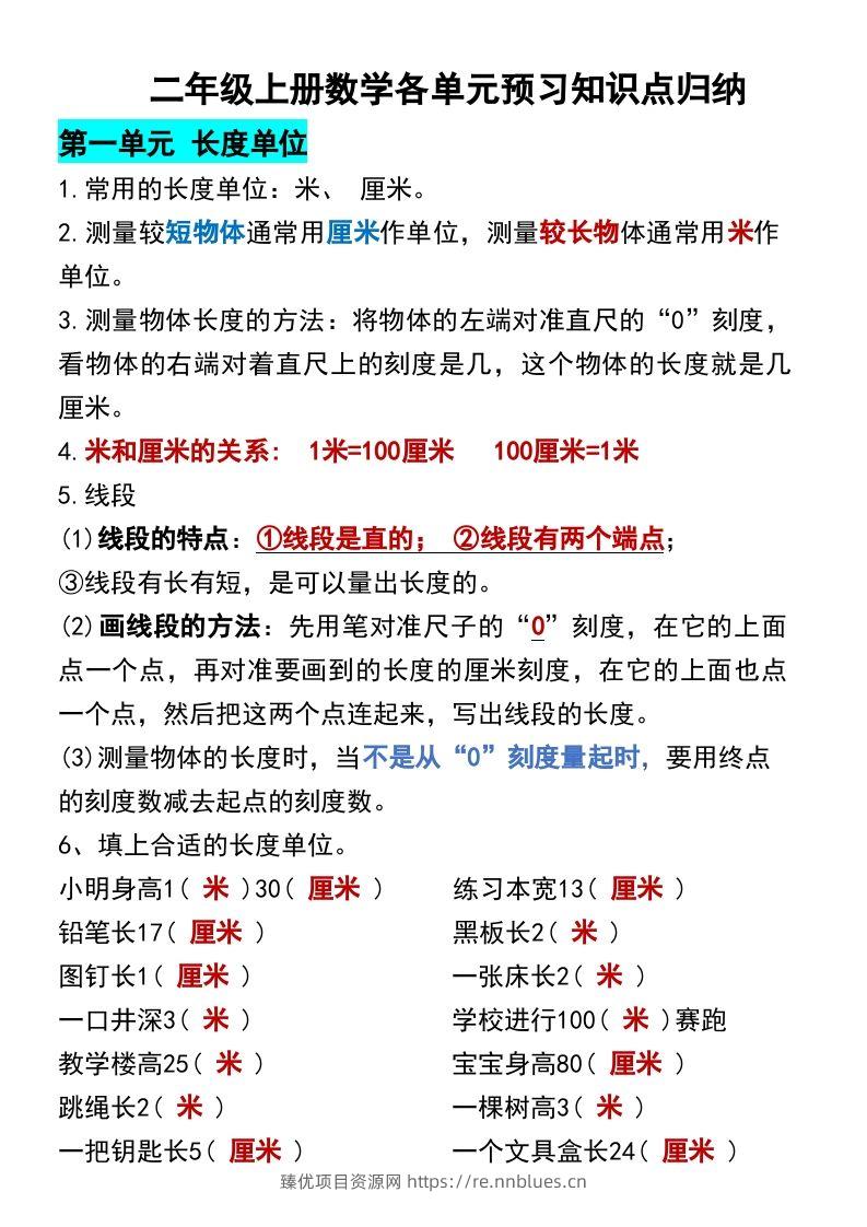 二年级上册数学各单元预习知识点归纳 - 臻优资源网