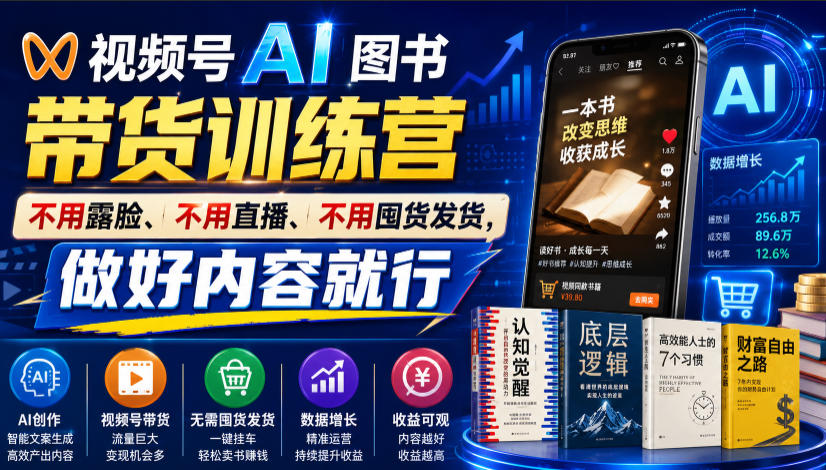 视频号AI图书带货训练营，不用露脸、不用直播、不用囤货发货，做好内容就行，一条爆款视频佣金8942 - 臻优资源网