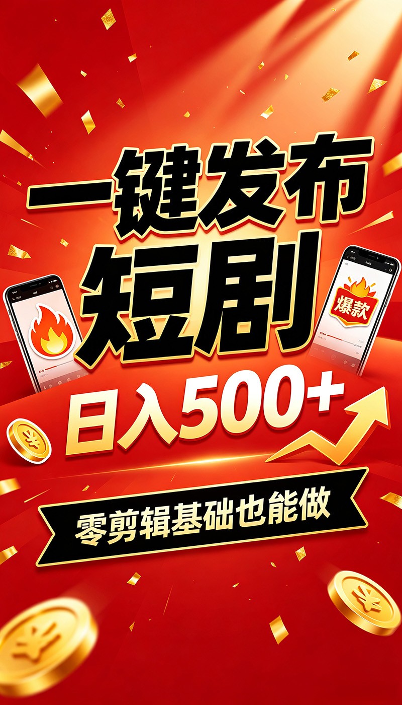 快手短剧一键发布，不用剪辑操作简单，副业日入500+。空闲时间轻松赚收益 - 臻优资源网