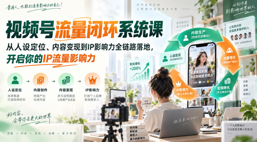 视频号流量闭环系统课，从人设定位、内容变现到IP影响力全链路落地，开启你的IP流量影响力 - 臻优资源网