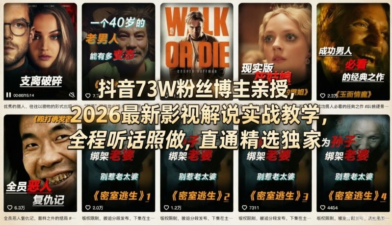 抖音73W粉丝博主亲授，2026最新影视解说实战教学，全程听话照做，直通精选独家 - 臻优资源网