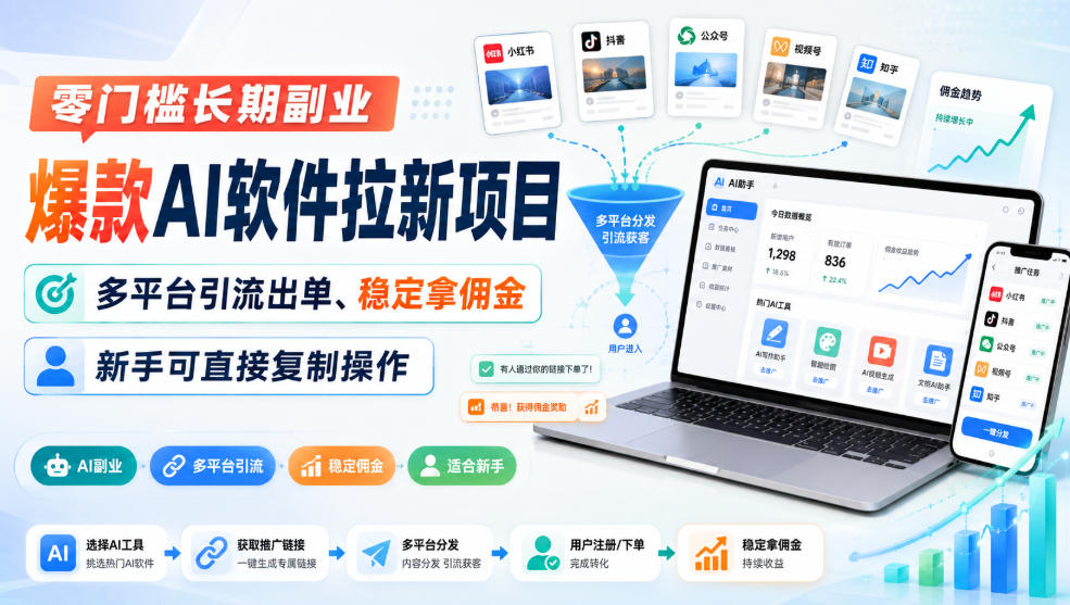 零门槛长期副业，爆款AI软件拉新项目，多平台引流出单、稳定拿佣金，新手可直接复制操作 - 臻优资源网