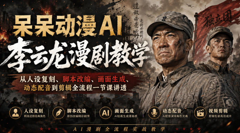 呆呆动漫AI李云龙漫剧教学，从人设复刻、脚本改编、画面生成、动态配音到剪辑全流程一节课讲透 - 臻优资源网