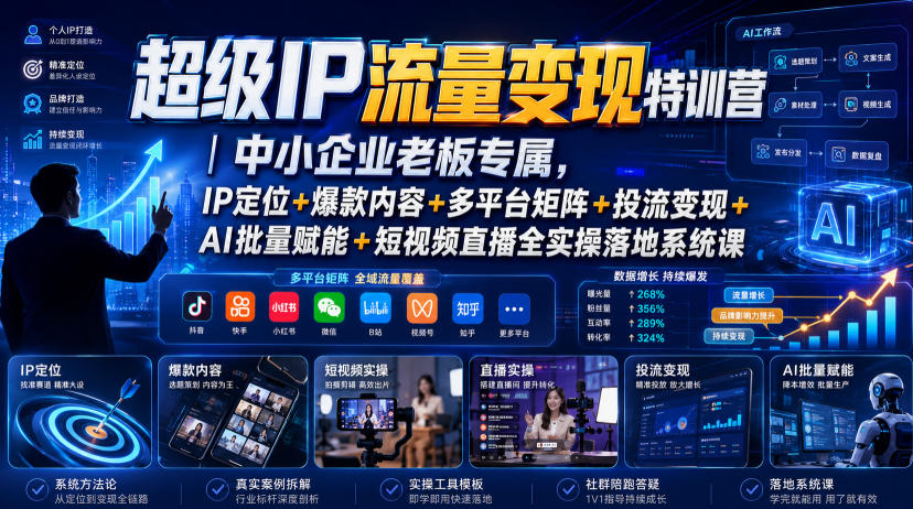 超级IP流量变现特训营｜中小企业老板专属，IP定位+爆款内容+多平台矩阵+投流变现+AI批量赋能+短视频直播全实操落地系统课 - 臻优资源网
