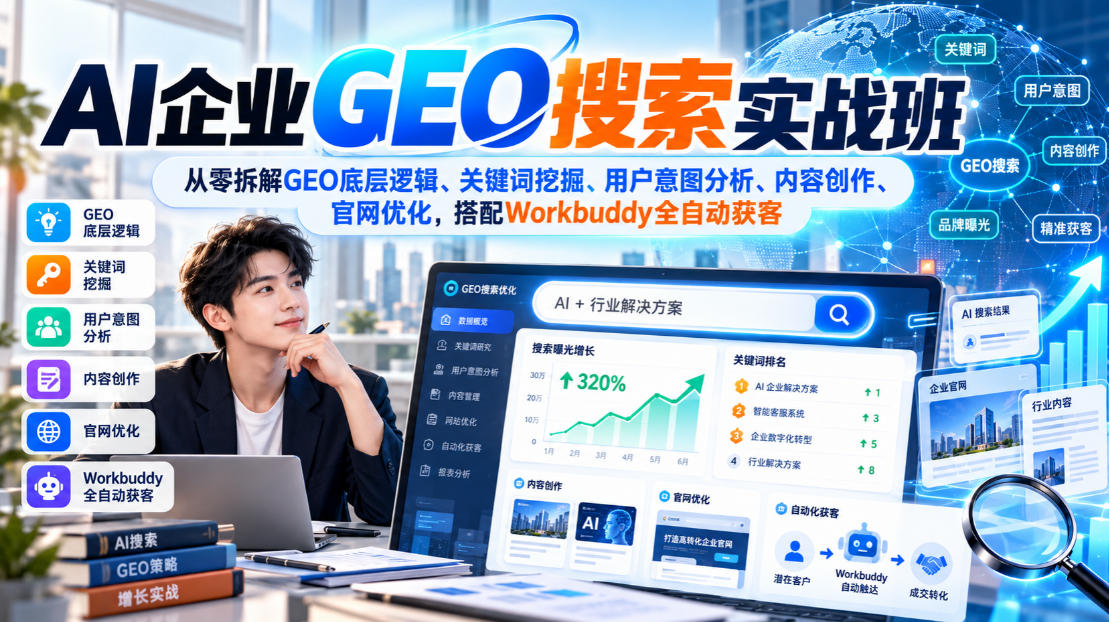 AI企业GEO搜索实战班，从零拆解GEO底层逻辑、关键词挖掘、用户意图分析、内容创作、官网优化，搭配Workbuddy全自动获客 - 臻优资源网