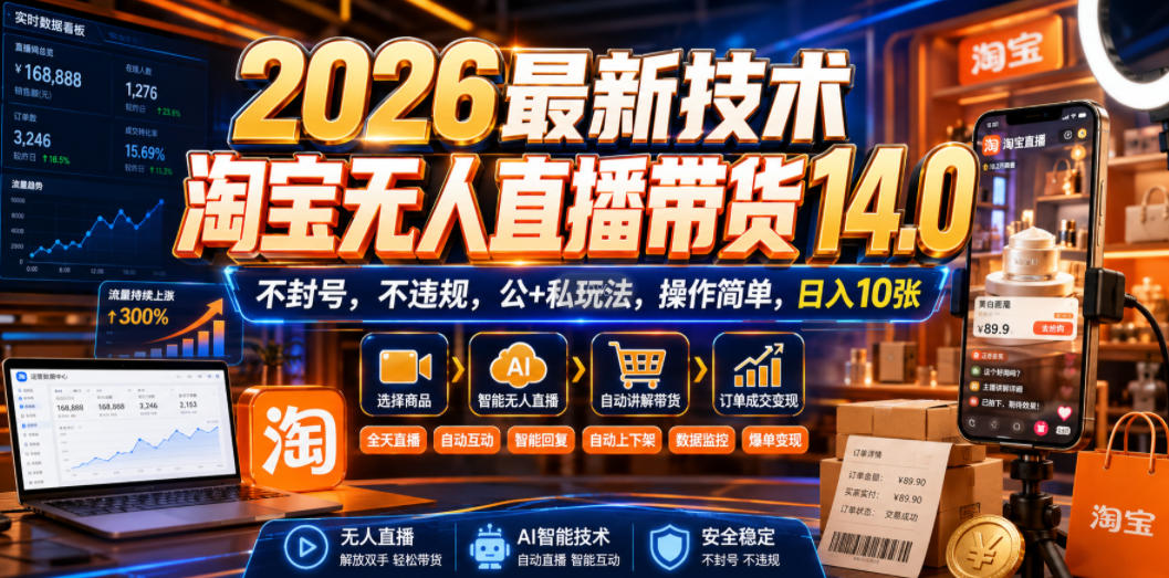 2026最新技术，淘宝无人直播带货14.0，不封号，不违规，公+私玩法，操作简单，日入10张【揭秘】 - 臻优资源网
