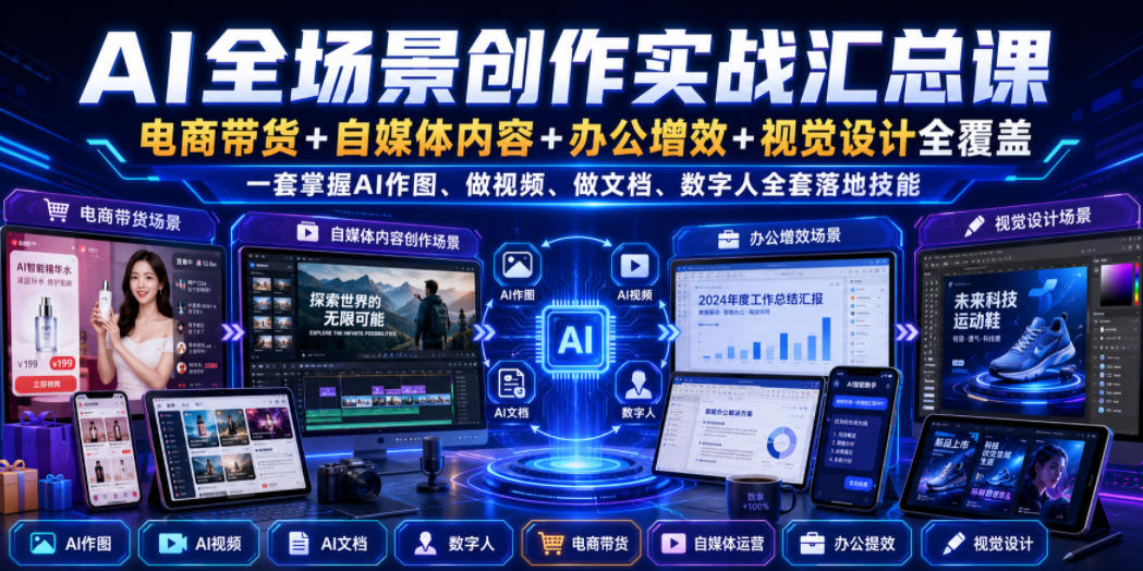 AI全场景创作实战汇总课｜电商带货+自媒体内容+办公增效+视觉设计全覆盖，一套掌握AI作图、做视频、做文档、数字人全套落地技能 - 臻优资源网