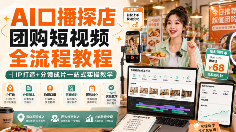 AI口播探店团购短视频全流程教程｜IP打造+分镜成片一站式实操教学 - 臻优资源网
