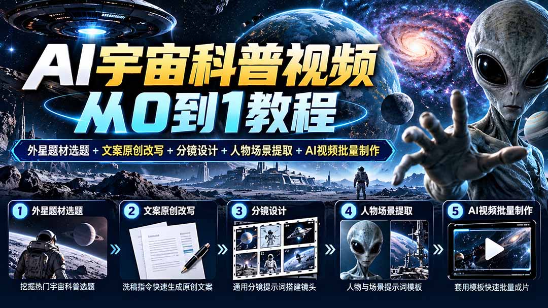 （20774期）AI宇宙科普视频从0到1教程｜外星题材选题+文案原创改写+分镜设计+人物场景提取+AI视频批量制作 - 臻优资源网