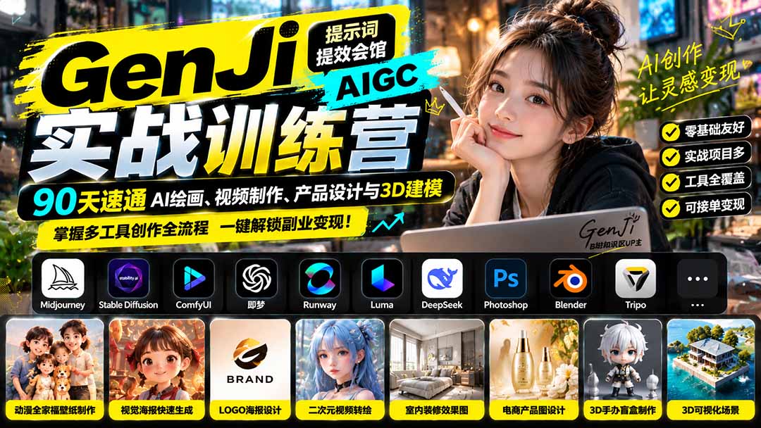 （21192期）GenJi AIGC实战训练营：90天速通AI绘画、视频制作、产品设计与3D建模，掌握多工具创作全流程 - 臻优资源网