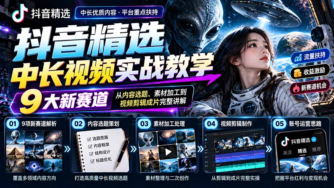 （20775期）抖音精选中长视频实战教学：拆解9项细分赛道，从内容选题、素材加工到视频剪辑成片完整讲解 - 臻优资源网