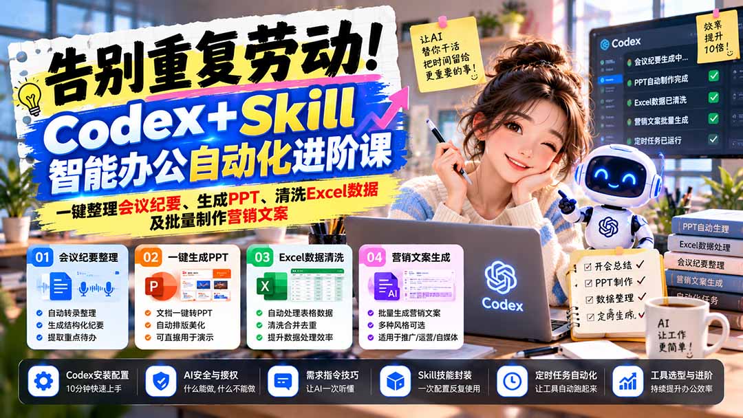 （21001期）告别重复劳动！Codex+Skill智能办公自动化进阶课：一键整理会议纪要、生成PPT、清洗Excel数据及批量制作营销文案 - 臻优资源网