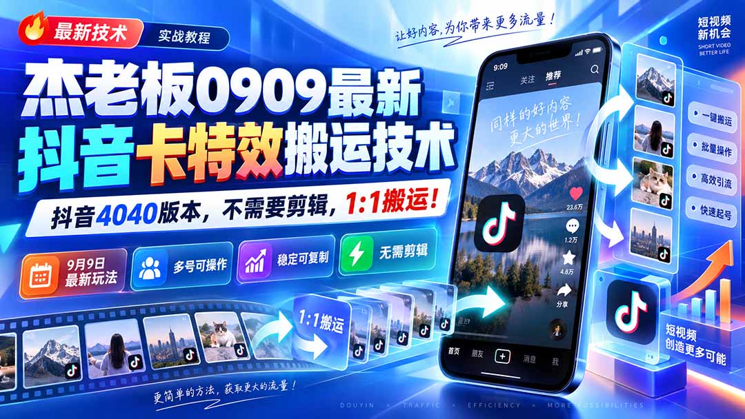 （20369期）杰老板0909最新抖音卡特效搬运技术，抖音4040版本，不需要剪辑，1:1搬运！ - 臻优资源网