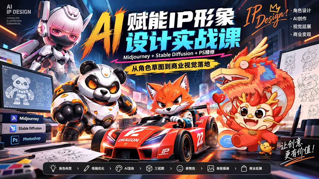 （20552期）AI赋能IP形象设计实战课-无水印：Midjourney+Stable Diffusion+PS精修，从角色草图到商业视觉落地 - 臻优资源网