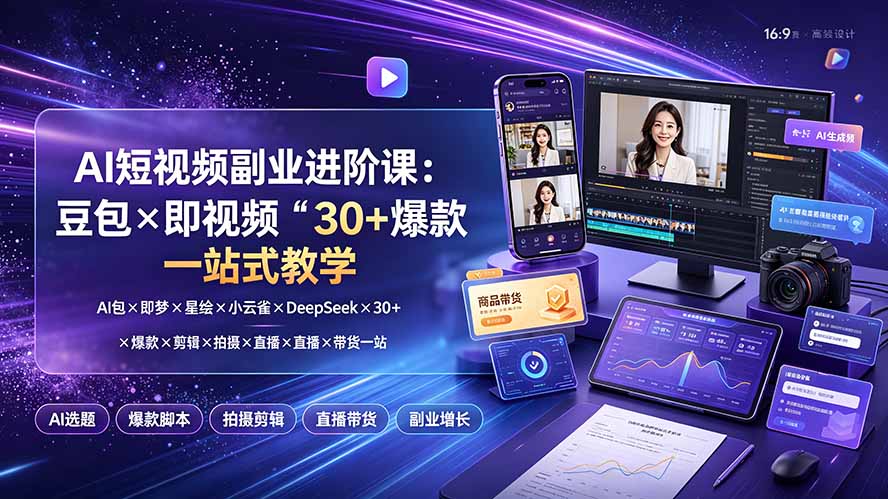 （19458期）AI短视频副业进阶课：豆包×即梦×星绘×小云雀×DeepSeek×30+爆款×剪辑×拍摄×直播×带货一站式教学 - 臻优资源网