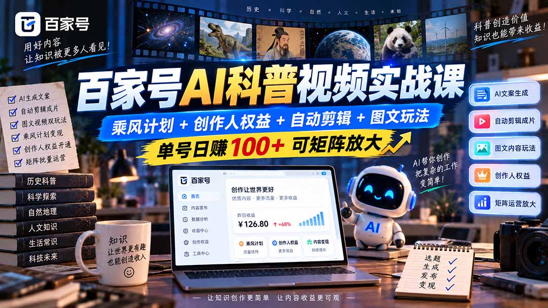 （20579期）百家号AI科普视频实战课：乘风计划+创作人权益+自动剪辑+图文玩法，单号日赚100+可矩阵放大 - 臻优资源网