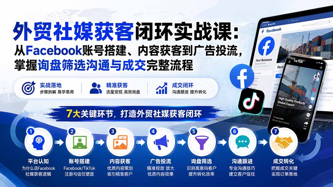 （20318期）外贸社媒获客闭环实战课：从Facebook账号搭建、内容获客到广告投流，掌握询盘筛选沟通与成交完整流程 - 臻优资源网
