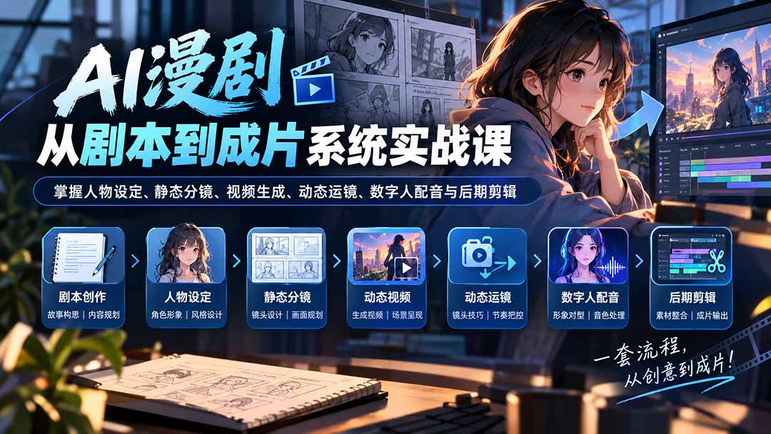 （20375期）AI漫剧从剧本到成片系统实战课：掌握人物设定、静态分镜、视频生成、动态运镜、数字人配音与后期剪辑 - 臻优资源网