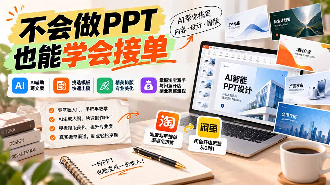 （20945期）不会做PPT也能学会接单：AI辅助写文案、挑模板、做排版，掌握淘宝写手与闲鱼开店副业完整流程 - 臻优资源网