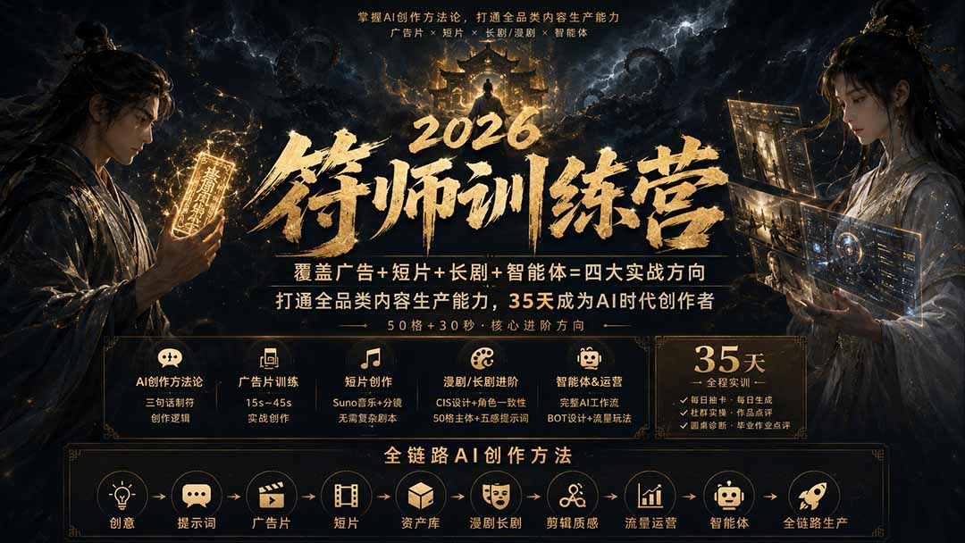 （20180期）符师训练营-35天成为AI时代创作者，广告+短片+漫剧+智能体四大实战方向，掌握从创意到上线的完整工作流 - 臻优资源网