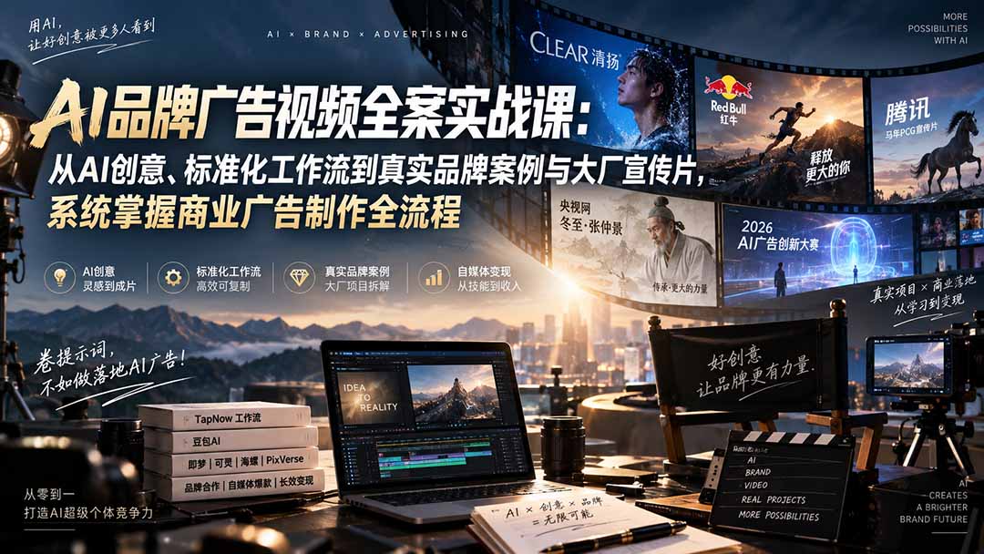 （20392期）AI品牌广告视频全案实战课：从AI创意、标准化工作流到真实品牌案例与大厂宣传片，系统掌握商业广告制作全流程 - 臻优资源网