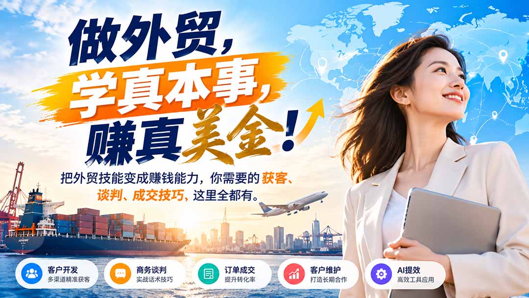 （21106期）做外贸，学真本事，赚真美金！把外贸技能变成赚钱能力，你需要的获客、谈判、成交技巧，这里全都有 - 臻优资源网