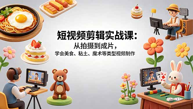 （18375期）短视频剪辑实战课：从拍摄到成片，学会美食、粘土、魔术等类型视频制作 - 臻优资源网
