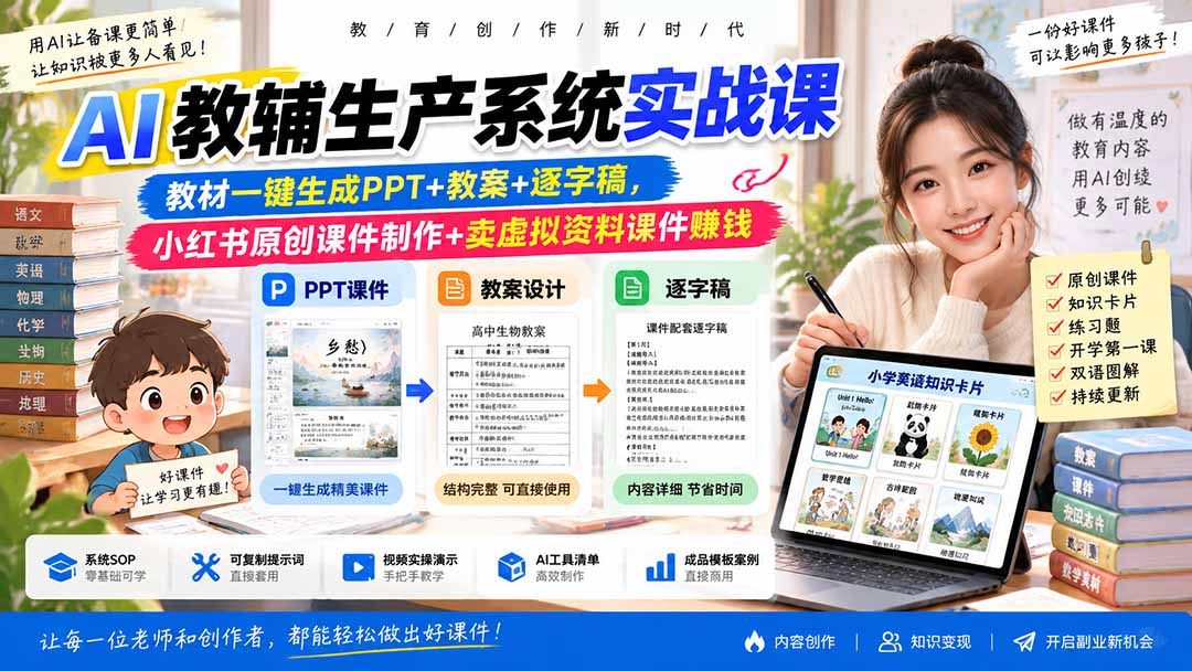（20542期）AI教辅生产系统实战课｜教材一键生成PPT+教案+逐字稿，小红书原创课件制作+卖虚拟资料课件赚钱 - 臻优资源网