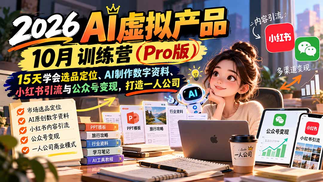 （21054期）2026AI虚拟产品10月训练营（Pro版）：15天学会选品定位、AI制作数字资料、小红书引流与公众号变现，打造一人公司 - 臻优资源网